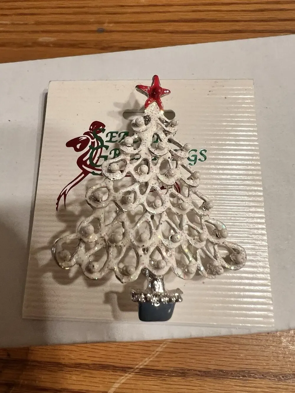 Christmas Tree Brooch Holiday Pin Enamel White tone Crystal Accent